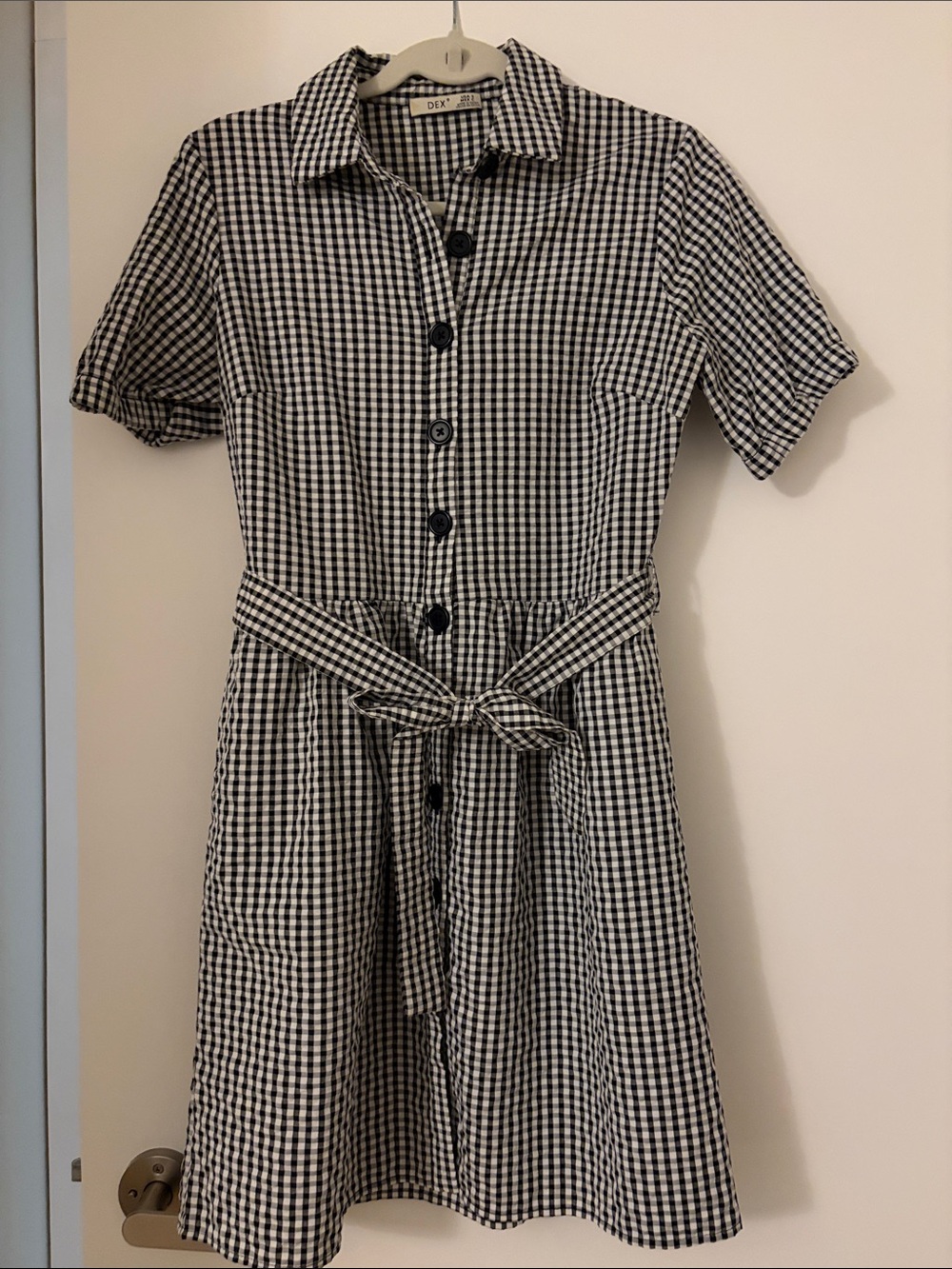 Dex Black & White Gingham Midi Shirt Dress with Waist Tie
